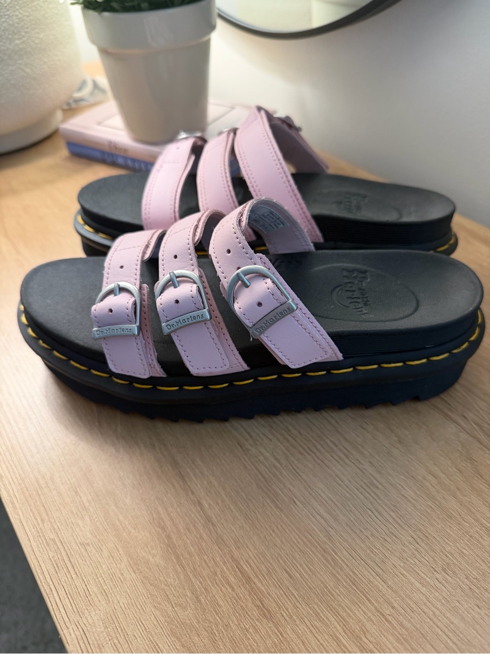 Dr. Martens Pink Triple-Buckle Platform Slides